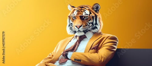 Animal tiger portraits, Cool business animal in sunglasses and suit. With copy text space, wide screen. Simple background, Generative AI