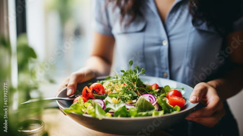 young woman holds salad in her hands during breakfast. ai generative
