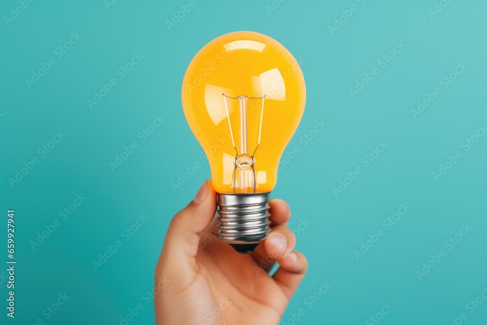An intimate angle capturing a business professional's hand with a light bulb An intimate angle capturing a business professional's hand with a light bulb