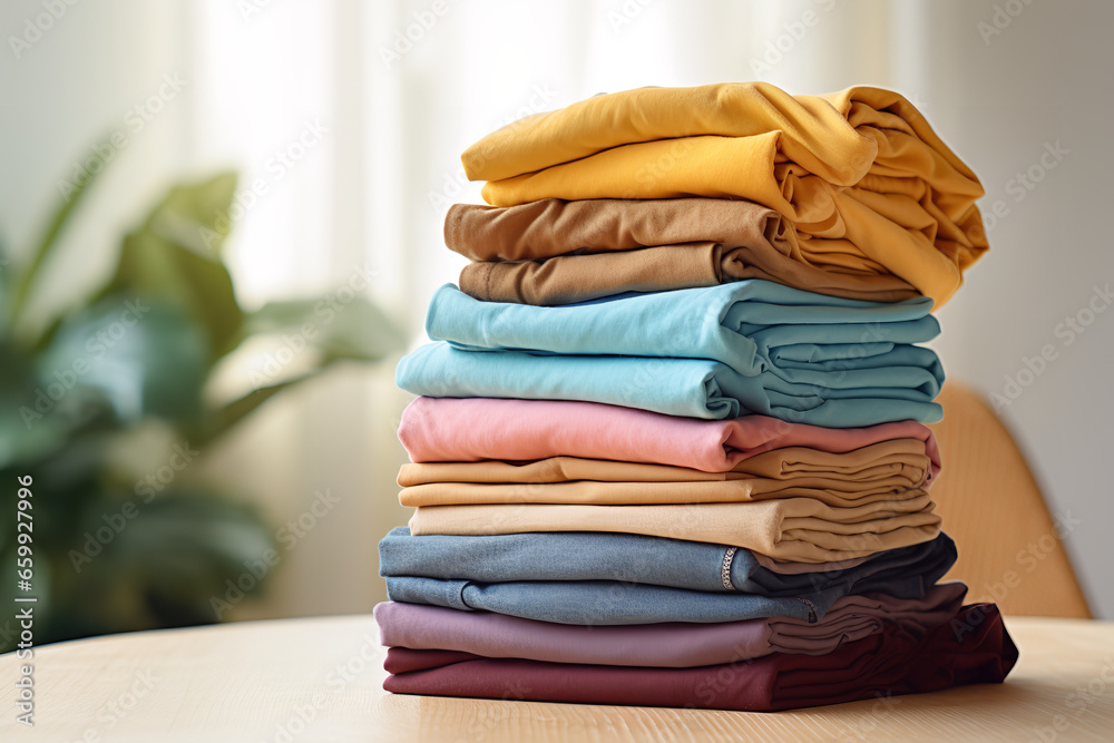 A stack of freshly folded clothes sits on a wooden table A stack of freshly folded clothes sits on a wooden table