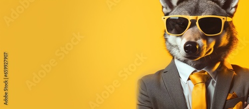 Animal wolf portraits, Cool business animal in sunglasses and suit. With copy text space, wide screen. Simple background, Generative AI