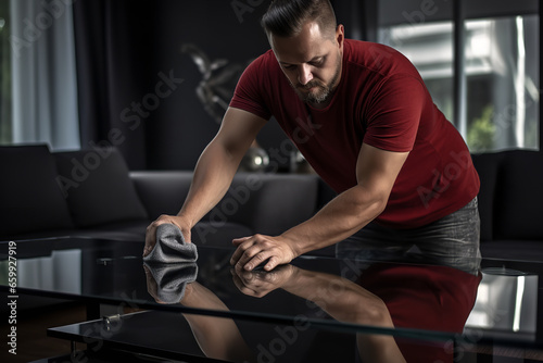 A man focused on his task is wiping down a glass coffee table with a cloth