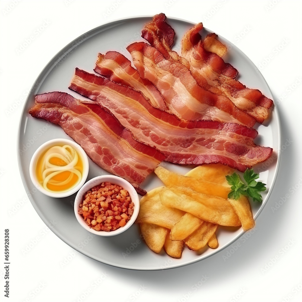 Breakfast Menu: Bacon, Tomato, and Chips on Plate Breakfast Menu: Bacon, Tomato, and Chips on Plate