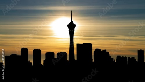 City Skyline of Las Vegas at Sunset, Time Lapse with Colorful Clouds, Nevada, United States