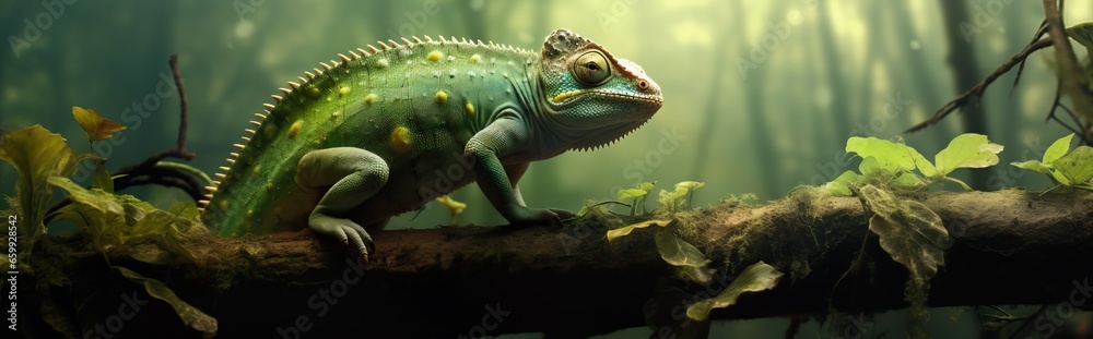 Obraz premium A vibrant banner showcasing a remarkable chameleon in brilliant hues.