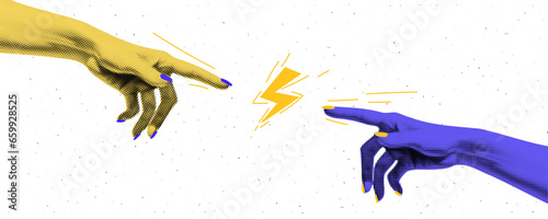 Collage banner with hands that reach for the zipper. Vibrant yellow and purple color. On white textured background. Vector trendy illustration with elements in halftone effect