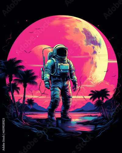 Astronaut with palm trees in pink colors © Daria