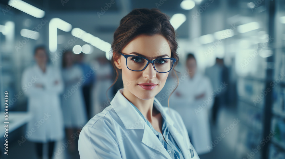 Modern laboratory with team of medical specialists and beautiful young woman scientist in white coat and glasses. ai generative Modern laboratory with team of medical specialists and beautiful young woman scientist in white coat and glasses. ai generative