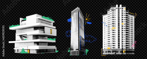 Kit with collage elements of houses in halftone style. Skyscrapers cut out from magazine with colorful doodles on transparent background. Vector trendy illustration.