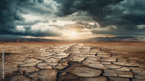 dry cracked earth in the desert against a stormy sky. ai generative