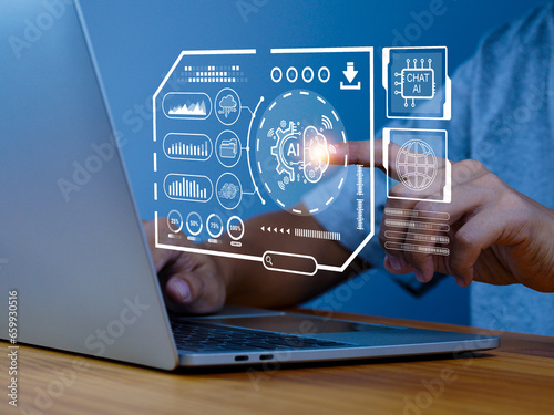 AI technology, business man showing smart technology via artificial intelligence Assistant for searching information on the internet
