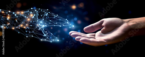 Machine learning, Hands of robot and human touching on big data network connection background, Science and artificial intelligence technology, innovation and futuristic