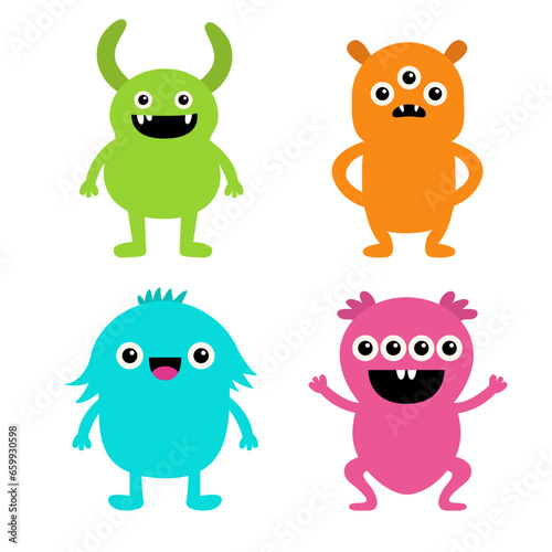 Cute monster set. Happy Halloween. Colorful monsters with different emotions. Cartoon kawaii boo baby character. Funny face head. Childish collection. White background. Flat design.