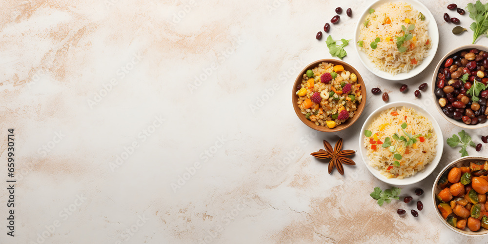 asian rice dishes in plates on beige background. ai generative - obrazy, fototapety, plakaty 