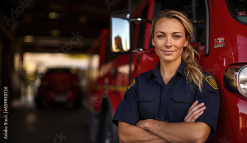 Confident firefighter stands in front of fire truck at station showcasing dedication and community service during daytime