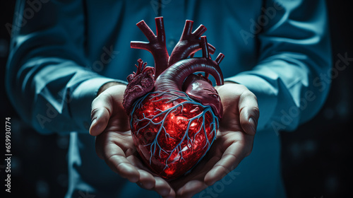 anatomical heart in the doctor's hand, transplantology concept. ai generative