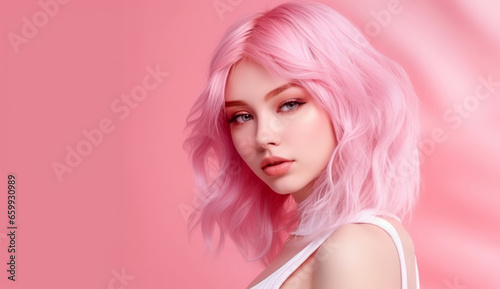 young girl with pink hair on a pink background