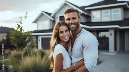 A happy Husband and wife stands smiling in front of a large house. new house concept creating a family. ai generative