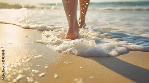 photo of a close-up of a diverse individual's feet making footprints on a sunlit sandy beach with sea