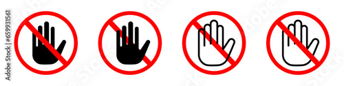 Hand forbidden sign. Stop red sign icon with white hand, do not enter. Stop hand icons set. Vector EPS 10