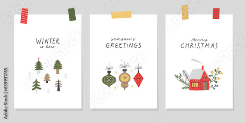 Christmas greeting cards or tags with lettering and hand drawn design elements. Postcard or invitation template. 