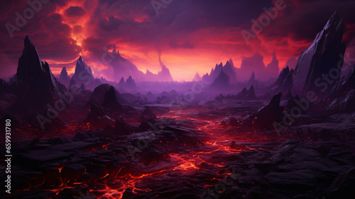 Magma cracks purple sky mountains