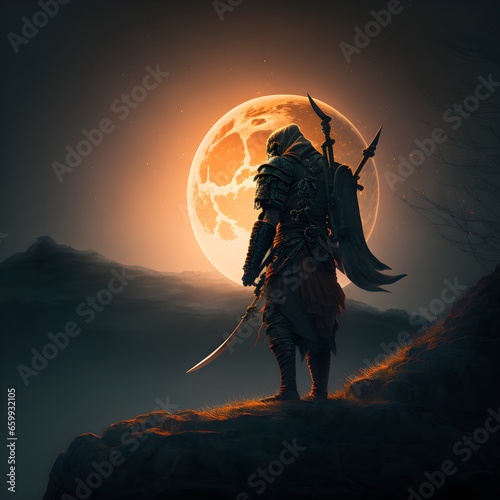 an bright warrior on a hill holding his katana up background is a dark moonrise medium shot 