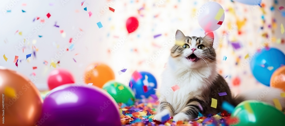 Merry holiday with a cat on a background with balloons and confetti. - obrazy, fototapety, plakaty 