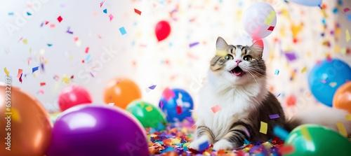Merry holiday with a cat on a background with balloons and confetti.