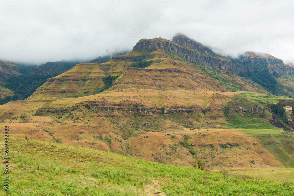 A cold and wet day over the beautiful Drakensberg mountains, near Cathedral Peak in KwaZulu-Natal, South Africa