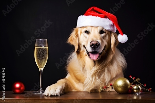 The dog is wearing a Santa hat and sitting next to a glass of champagne.