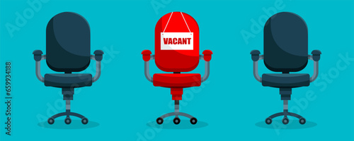 The red chair is free. Free business vacancy concept. A red isolated chair with a vacancy sign on a blue background. EPS 10