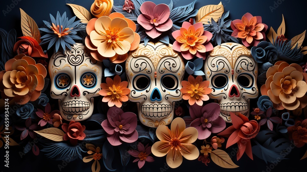 Traditional calavera sugar skull decorated with flowers the day of the dead. Generative AI