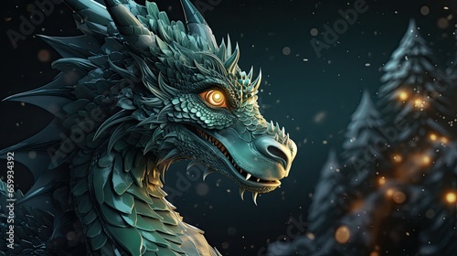 Mighty dragon, symbolizing New Year's powerful promise, set against a dynamic background
