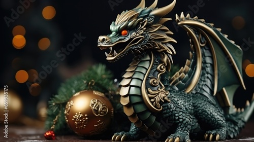 Dragon symbol of New Year, mighty and powerful, commanding attention against vibrant scene.