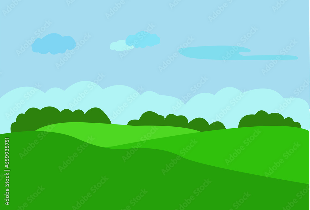 Paysage avec dégradé de vert sur la prairie et ciel avec nuages sur fond bleu	