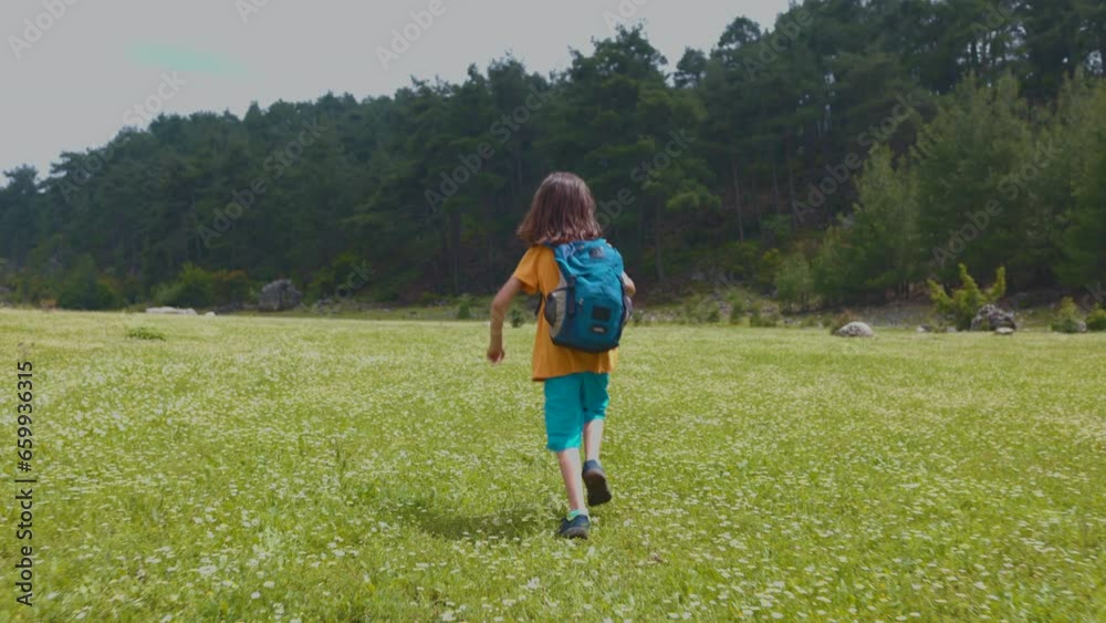 Adventures and travel. a boy with a backpack runs through a green meadow and joyfully raises his hands up. hiking with children. child in the forest. Adventures and travel. a boy with a backpack runs through a green meadow and joyfully raises his hands up. hiking with children. child in the forest.