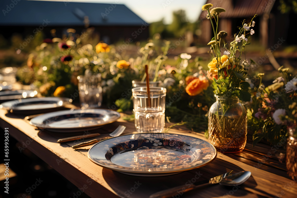 Empty plate on party table in country style, summer season Empty plate on party table in country style, summer season