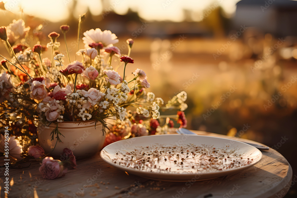 Empty plate on party table in country style, summer season