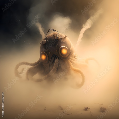 Flying octopus alien in the void dusty atmosphere sandstorm ominous details professional lighting photography lighting Sony Alpha7 85mm 28f studio lighting cinematic 8k hyper realistic  photo
