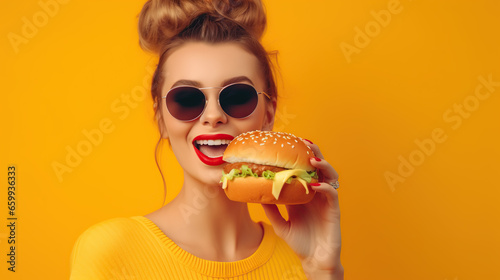 woman eating hamburger  photo