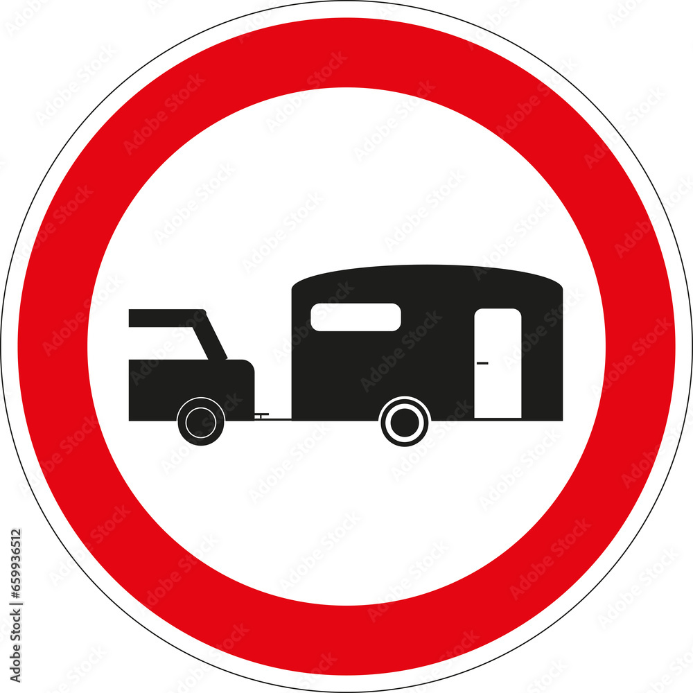 Panneau routier français: Accès interdit aux véhicules tractant une caravane Panneau routier français: Accès interdit aux véhicules tractant une caravane