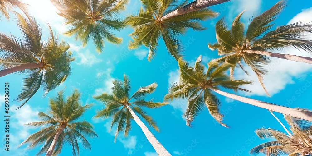 Fototapeta premium View from below on tropical palms on sunny summer day with blue sky.AI Generative