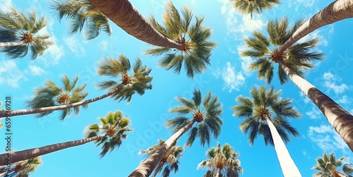 Palm trees on summer sunny day with sun and blue sky.View from below.AI Generative
