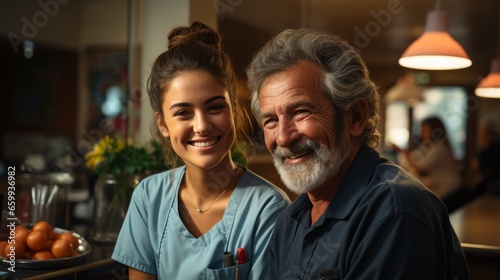 Portrait of young attractive female doctor or nurse with an elderly patient. Smiling clinician in gray uniform communicates kindly with a patient and creates a positive atmosphere in medical facility. © Georgii