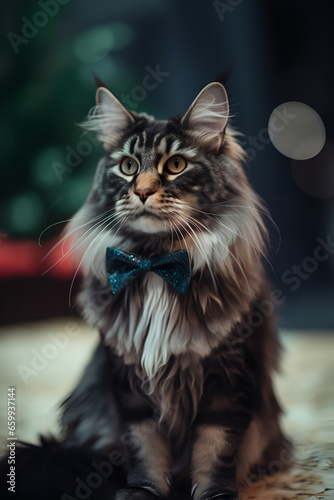 Maine Coon cat in a crib on a green background 1