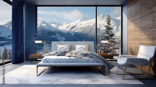 3D rendering of a modern bedroom with alps view.  Ai generative. © Rosaria