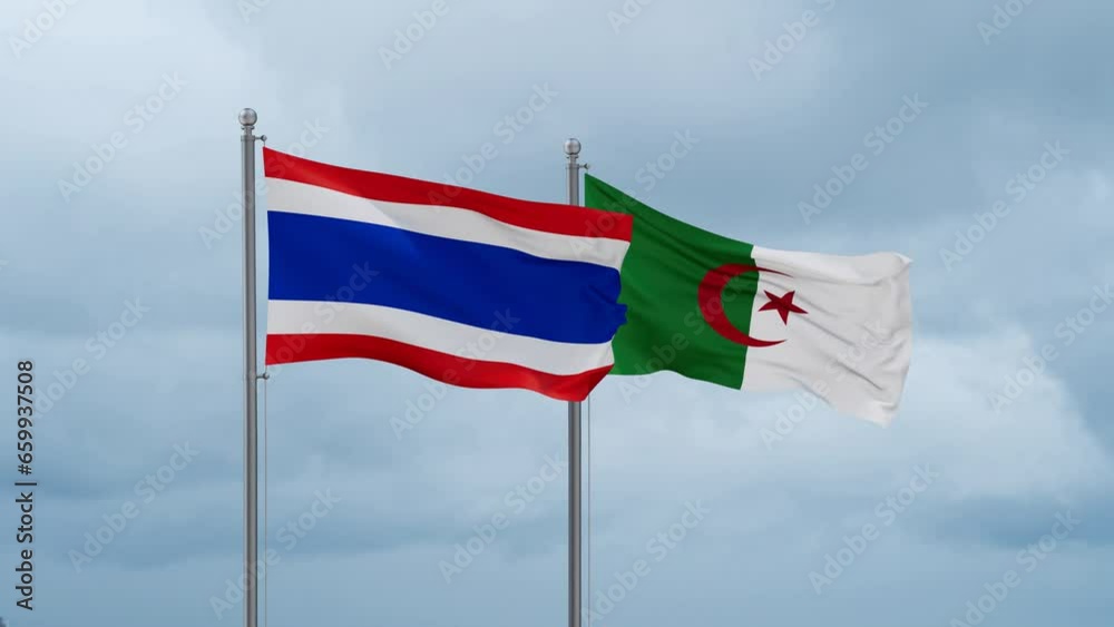 Thailand flag and Algeria flag waving together on cloudy sky, endless seamless loop Thailand flag and Algeria flag waving together on cloudy sky, endless seamless loop