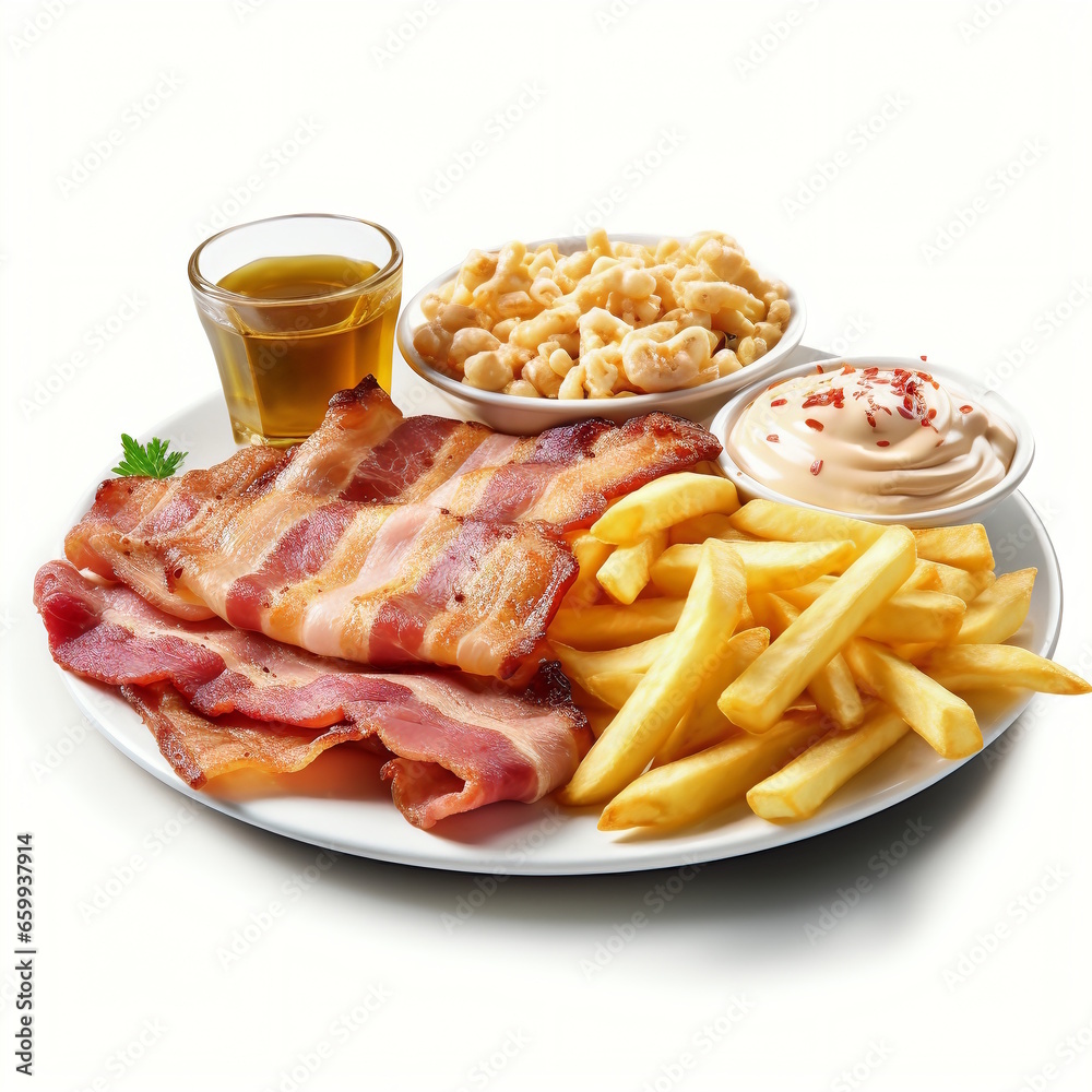 Breakfast Menu: Bacon, Burger, and Chips on Plate Breakfast Menu: Bacon, Burger, and Chips on Plate
