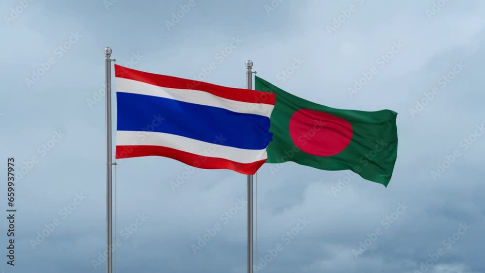 Bangladesh flag and Thailand flag waving together on cloudy sky, endless seamless loop, two country relations concept Bangladesh flag and Thailand flag waving together on cloudy sky, endless seamless loop, two country relations concept